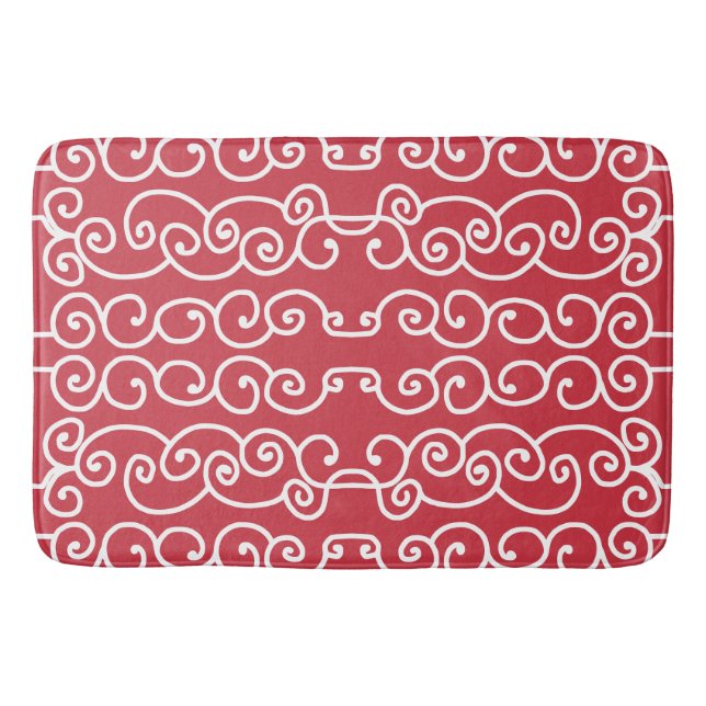 Brick red with white scrolls bath mat (Front)