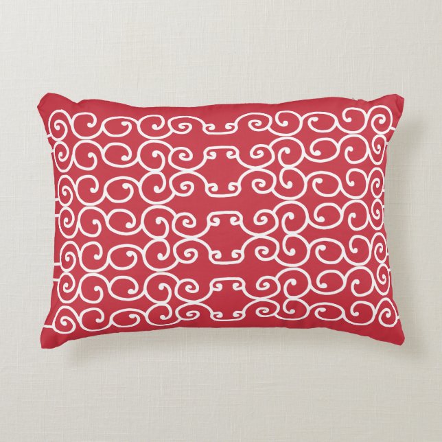 Brick red with white scrolls decorative cushion (Front)