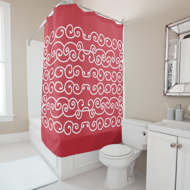 Brick red with white scrolls shower curtain (In Situ)