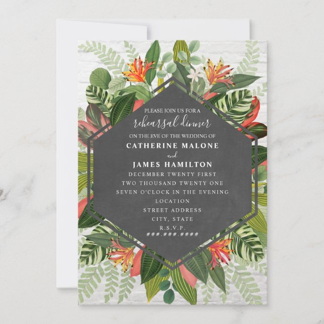 Brick Tropical Botanical Wedding Rehearsal Dinner Invitation (Front)