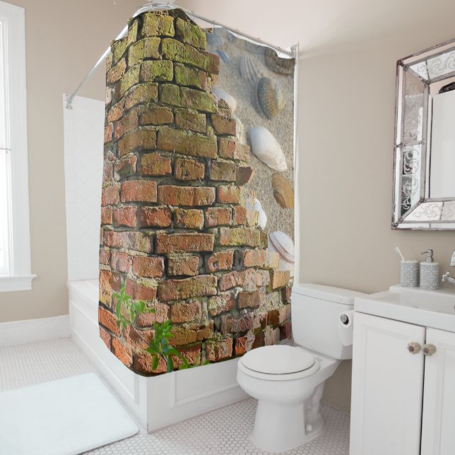 Brick Wall and Sea Shells Shower Curtain (In Situ)