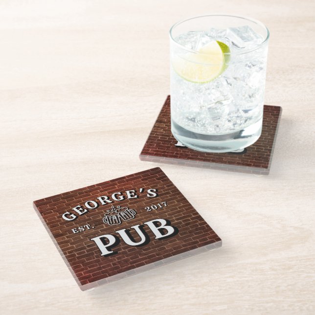Brick Wall Beer Glasses Your Pub Year Established Glass Coaster (Angled)