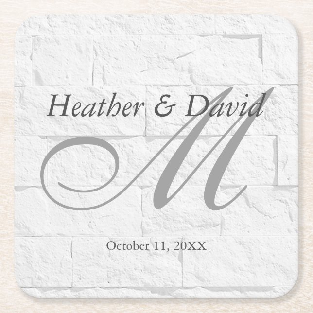 Brick Wall Calligraphy Script Monogram Wedding Square Paper Coaster (Front)
