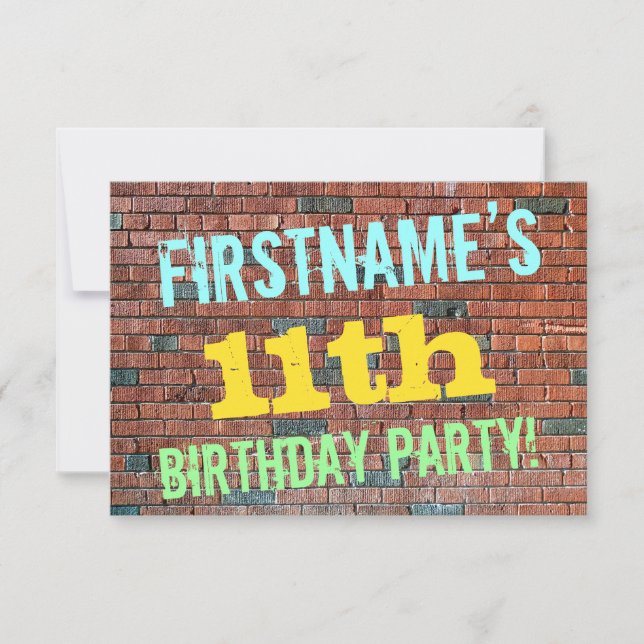 Brick Wall Graffiti Inspired 11th Birthday + Name Invitation (Front)