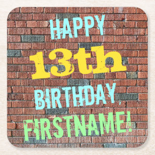 Brick Wall Graffiti Inspired 13th Birthday + Name Square Paper Coaster