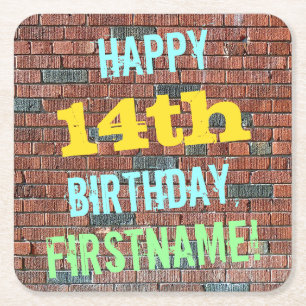 Brick Wall Graffiti Inspired 14th Birthday + Name Square Paper Coaster