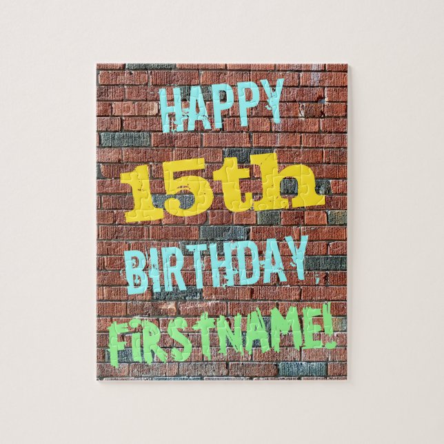 Brick Wall Graffiti Inspired 15th Birthday + Name Jigsaw Puzzle (Vertical)