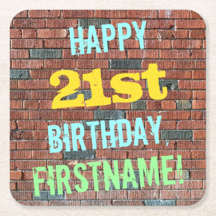 Brick Wall Graffiti Inspired 21st Birthday + Name Square Paper Coaster