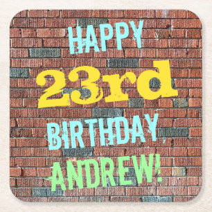 Brick Wall Graffiti Inspired 23rd Birthday + Name Square Paper Coaster