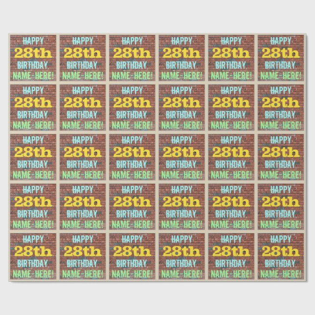 Brick Wall Graffiti Inspired 28th Birthday + Name Wrapping Paper (Flat)