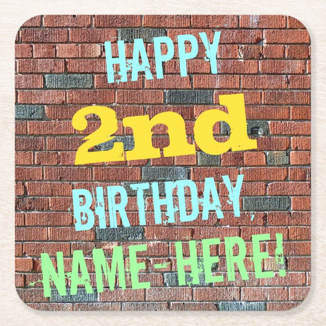 Brick Wall Graffiti Inspired 2nd Birthday + Name Square Paper Coaster (Front)