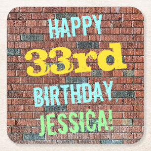 Brick Wall Graffiti Inspired 33rd Birthday + Name Square Paper Coaster