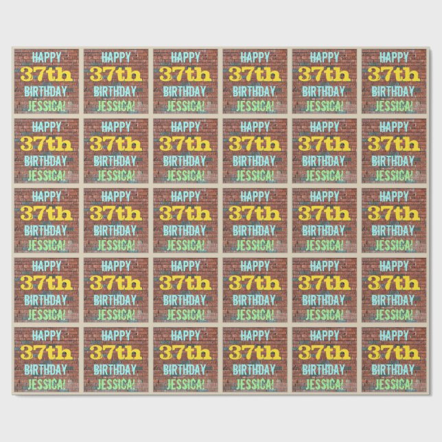 Brick Wall Graffiti Inspired 37th Birthday + Name Wrapping Paper (Flat)