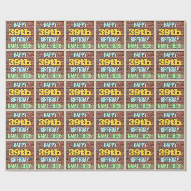 Brick Wall Graffiti Inspired 39th Birthday + Name Wrapping Paper (Flat)