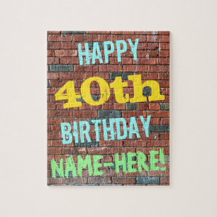 Brick Wall Graffiti Inspired 40th Birthday + Name Jigsaw Puzzle