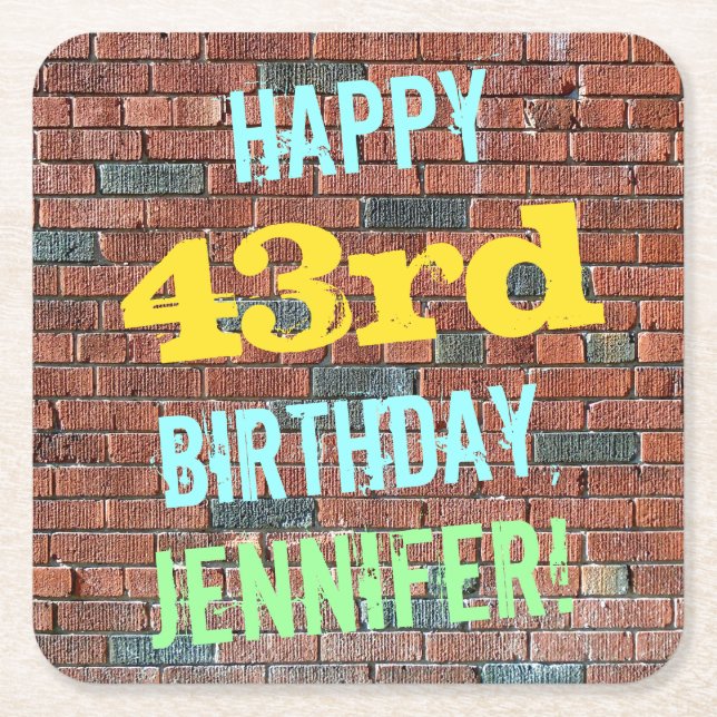 Brick Wall Graffiti Inspired 43rd Birthday + Name Square Paper Coaster (Front)