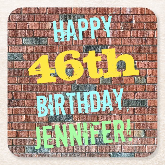 Brick Wall Graffiti Inspired 46th Birthday + Name Square Paper Coaster (Front)