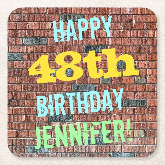 Brick Wall Graffiti Inspired 48th Birthday + Name Square Paper Coaster (Front)