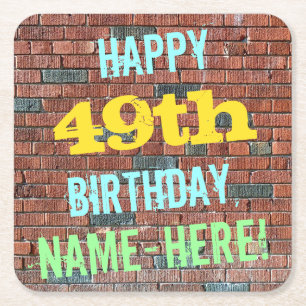 Brick Wall Graffiti Inspired 49th Birthday + Name Square Paper Coaster