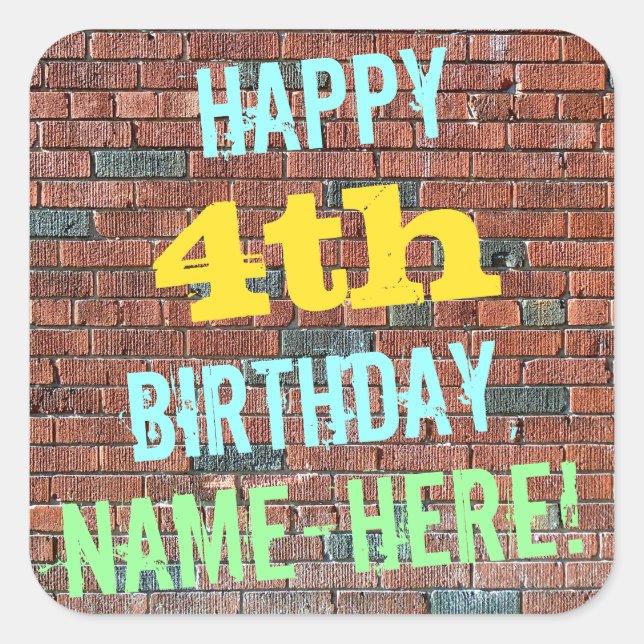 Brick Wall Graffiti Inspired 4th Birthday + Name Square Sticker (Front)
