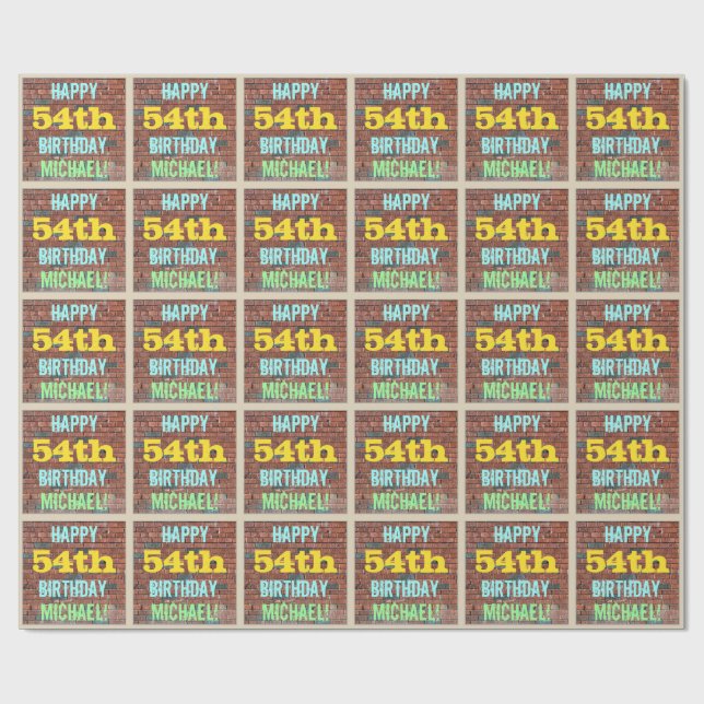 Brick Wall Graffiti Inspired 54th Birthday + Name Wrapping Paper (Flat)