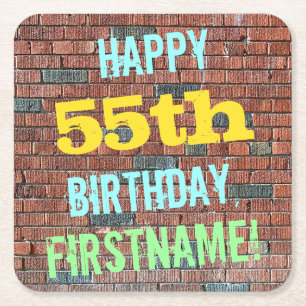 Brick Wall Graffiti Inspired 55th Birthday + Name Square Paper Coaster