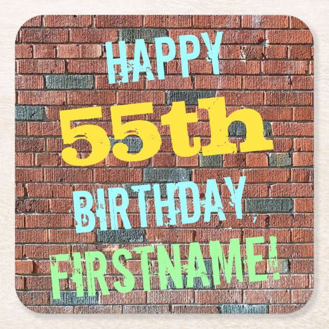 Brick Wall Graffiti Inspired 55th Birthday + Name Square Paper Coaster (Front)