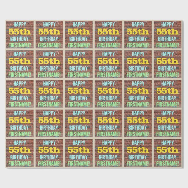 Brick Wall Graffiti Inspired 55th Birthday + Name Wrapping Paper (Flat)
