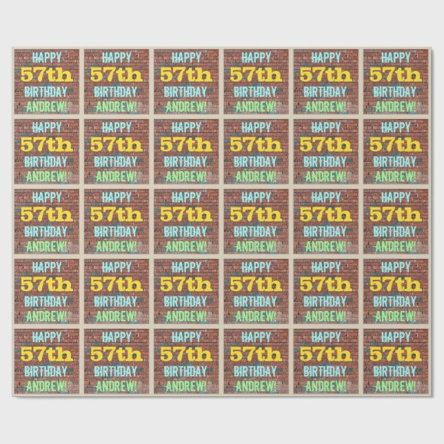 Brick Wall Graffiti Inspired 57th Birthday + Name Wrapping Paper (Flat)