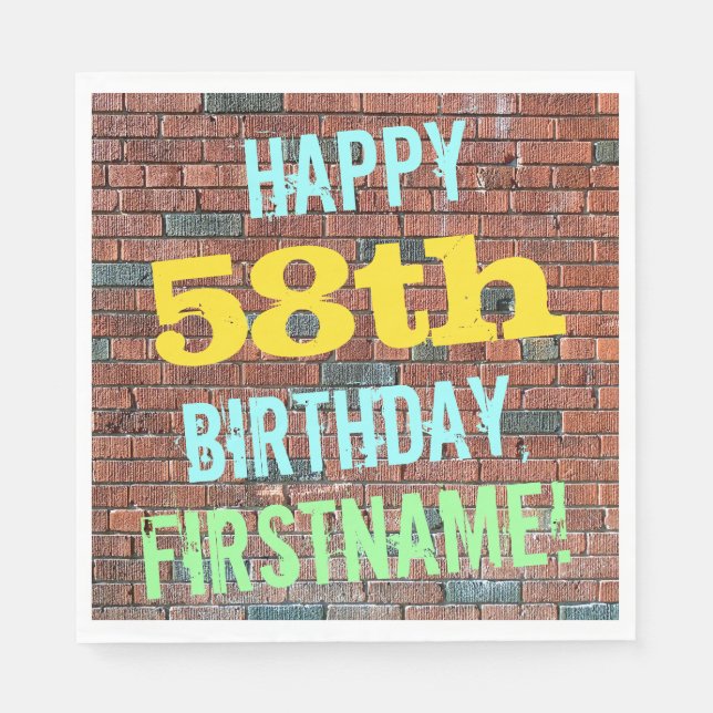 Brick Wall Graffiti Inspired 58th Birthday + Name Napkin (Front)