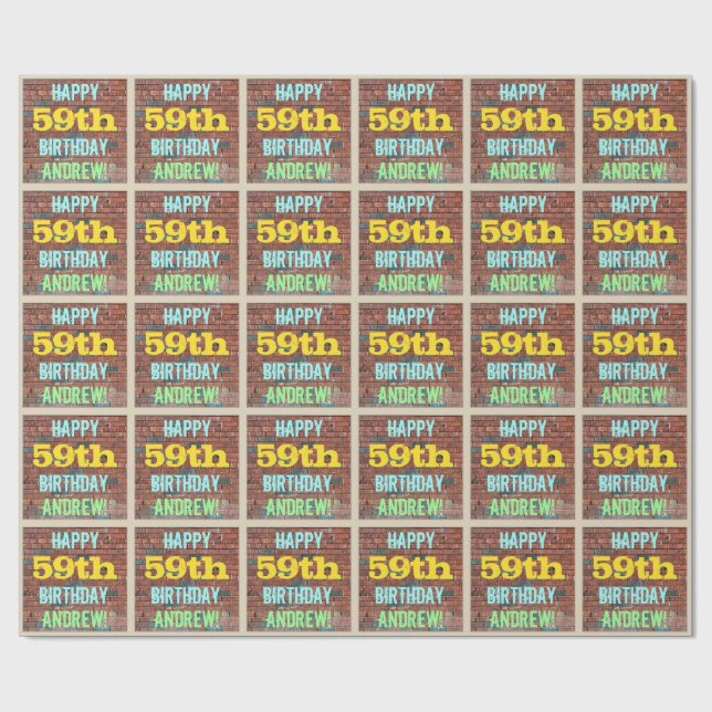 Brick Wall Graffiti Inspired 59th Birthday + Name Wrapping Paper (Flat)