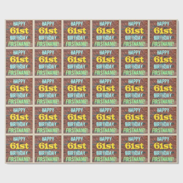 Brick Wall Graffiti Inspired 61st Birthday + Name Wrapping Paper (Flat)