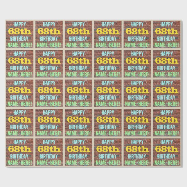 Brick Wall Graffiti Inspired 68th Birthday + Name Wrapping Paper (Flat)