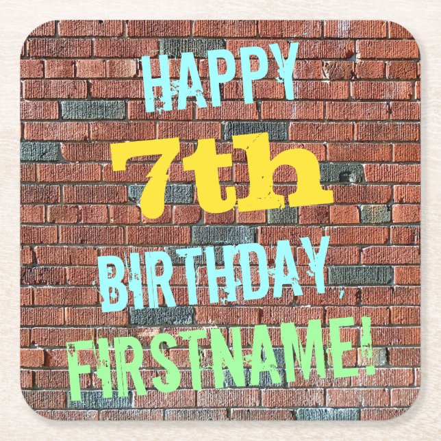 Brick Wall Graffiti Inspired 7th Birthday + Name Square Paper Coaster (Front)