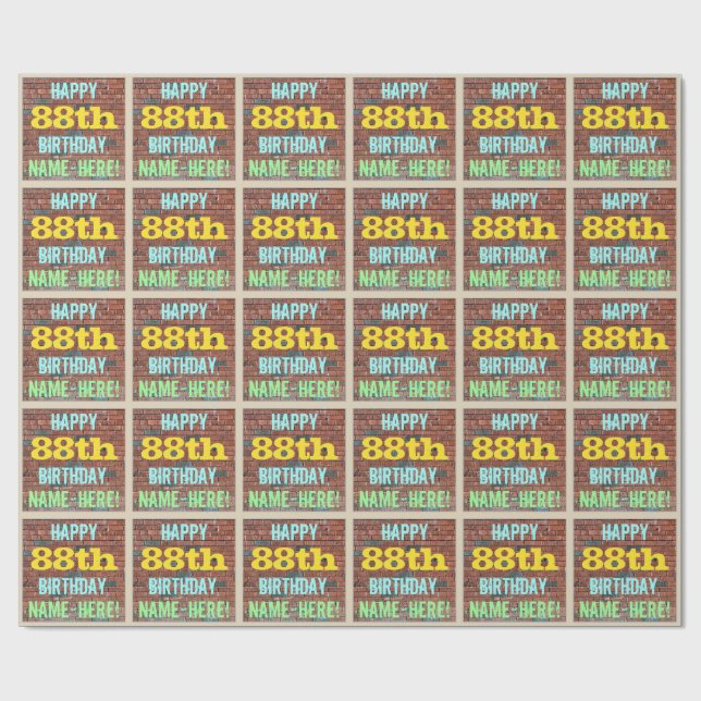 Brick Wall Graffiti Inspired 88th Birthday + Name Wrapping Paper (Flat)
