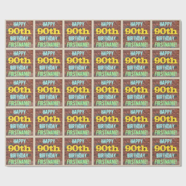 Brick Wall Graffiti Inspired 90th Birthday + Name Wrapping Paper (Flat)