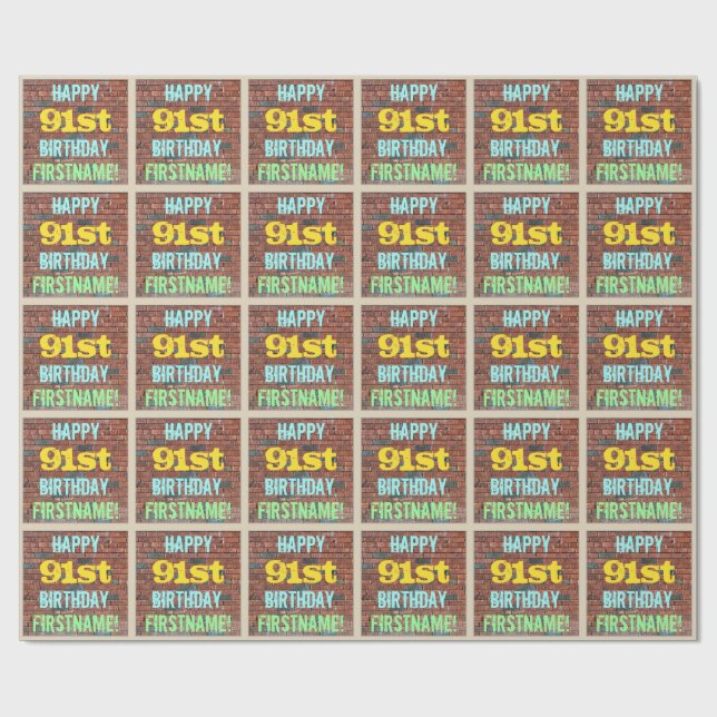 Brick Wall Graffiti Inspired 91st Birthday + Name Wrapping Paper (Flat)