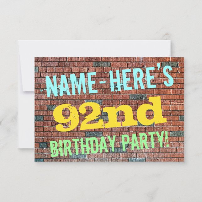 Brick Wall Graffiti Inspired 92nd Birthday + Name Invitation (Front)