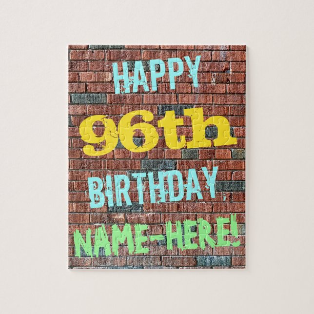 Brick Wall Graffiti Inspired 96th Birthday + Name Jigsaw Puzzle (Vertical)