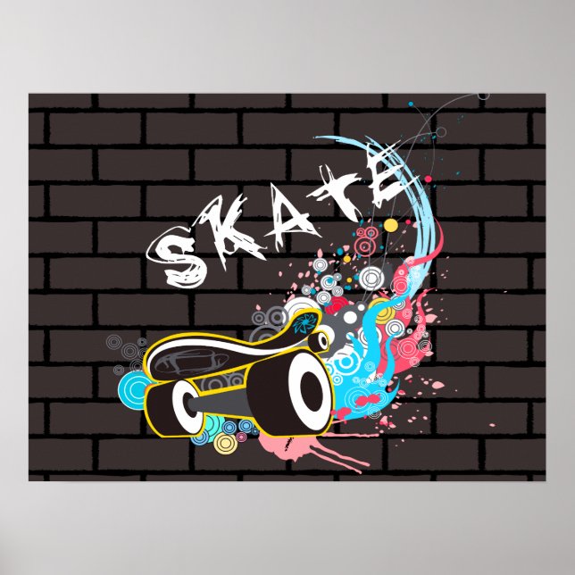Brick Wall Skate Graffiti Logo With Board Poster (Front)
