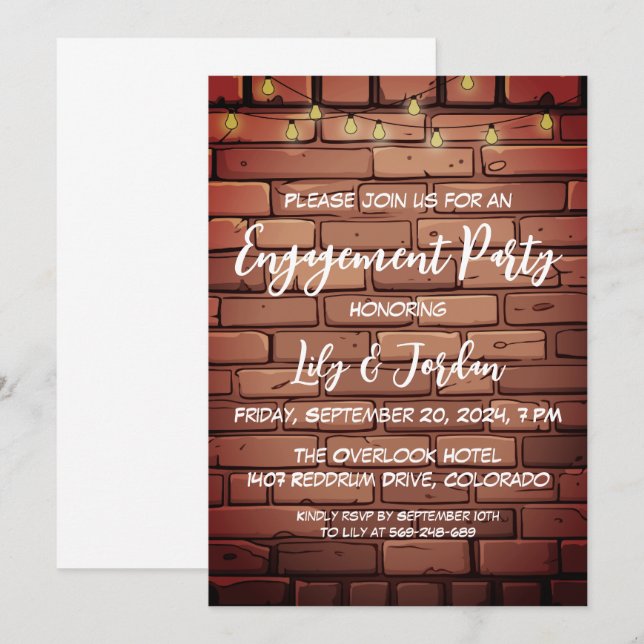 Brick wall string lights backyard engagement party invitation (Front/Back)