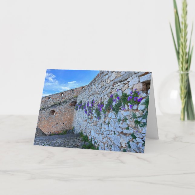 Brick Wall With Purple Flowers Nafplion Greece Card (Front)