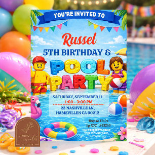 Bricks Colourful Pool Birthday Party Invitation