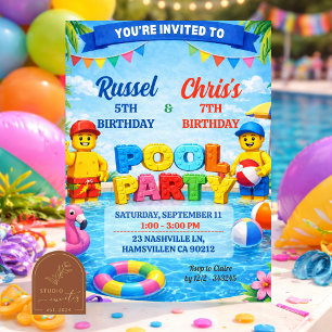 Bricks Colourful Pool Boys Joint Birthday Party Invitation