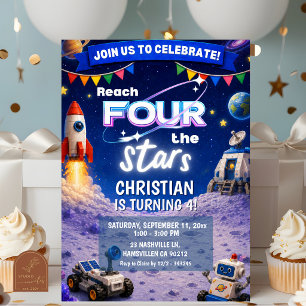 Bricks Reach FOUR the stars space birthday Invitation