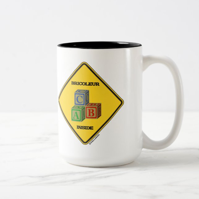 Bricoleur Inside (Building Blocks Warning Sign) Two-Tone Coffee Mug (Right)
