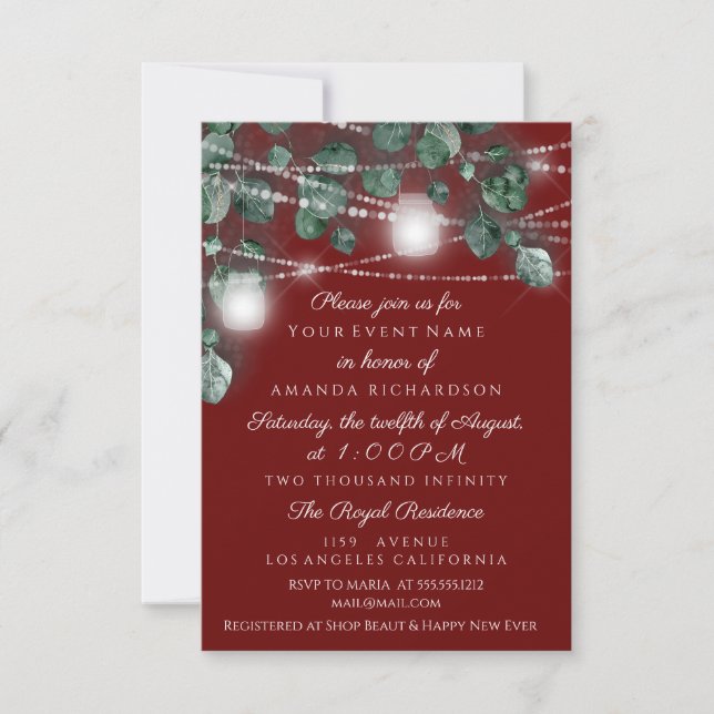 Bridal 16th Lights Jars Rustic Smoky Green Burgund Invitation (Front)