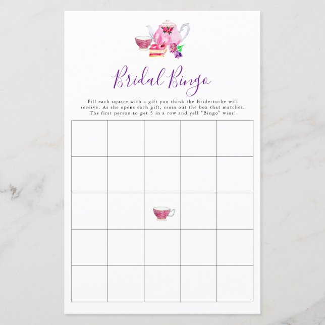Bridal Bingo Bridal Shower Game Tea Purple  (Front)