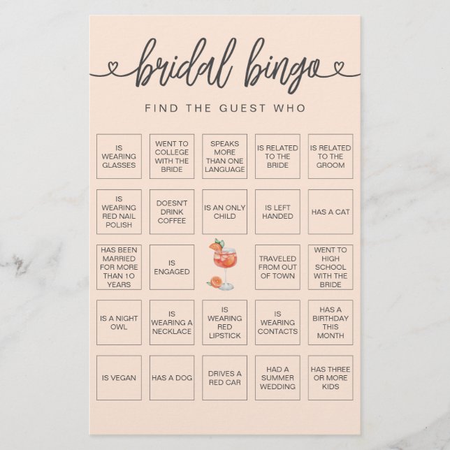  Bridal Bingo Find the Guest Bridal Shower Game (Front)