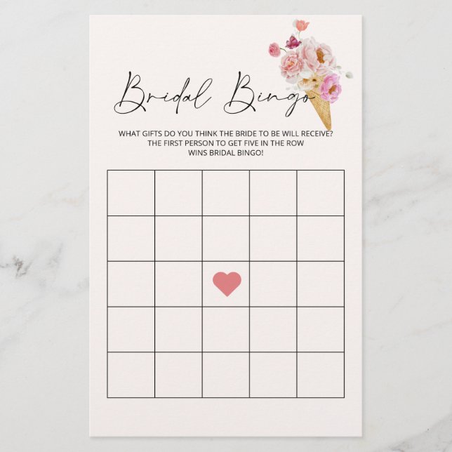 Bridal Bingo Ice Cream Floral Bridal Shower Game (Front)